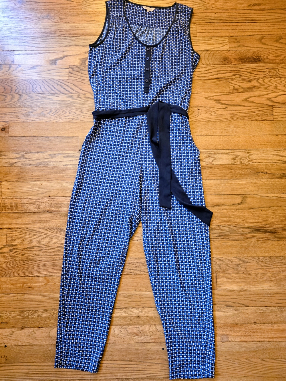 Sleeveless Blue & White Patterned Jumpsuit with Tie Belt